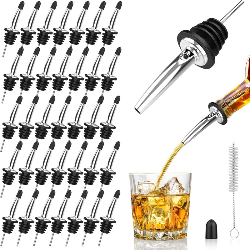 SINLUCESCE 36-Pack Stainless Steel Pour Spouts for Liquor Bottles, Oil, Vinegar, and Wine – Liquor Bottle Pourers with Rubber Dust Caps – Bar Pourers for Bartending - Image 1